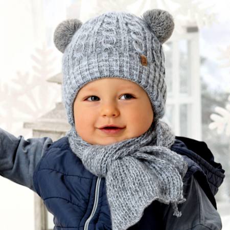 Baby Jungen Mütze Set Winterset Wintermütze Wollmütze Strickmütze Bommelmütze mit Wolle Schal