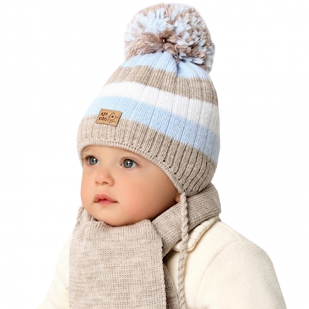 Baby Jungen Winterset Mütze Wintermütze Strickmütze Bommelmütze Schal mit Wolle