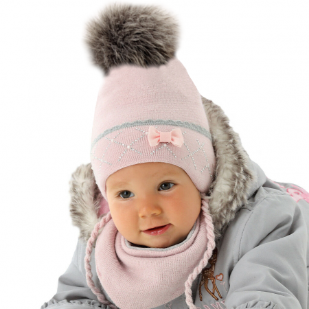 AJS Baby Mädchen Kinder Winterset Mütze Wintermütze Strickmütze Bommelmütze Halstuch mit Wolle
