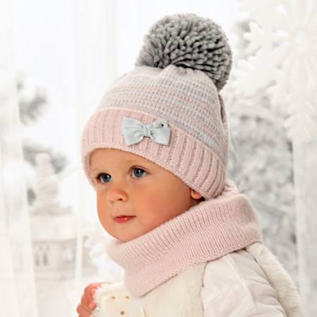 AJS Baby Mädchen Winterset mit Wolle Wintermütze Bommelmütze gefüttert Loopschal