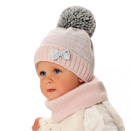 AJS Baby Mädchen Winterset mit Wolle Wintermütze Bommelmütze gefüttert Loopschal