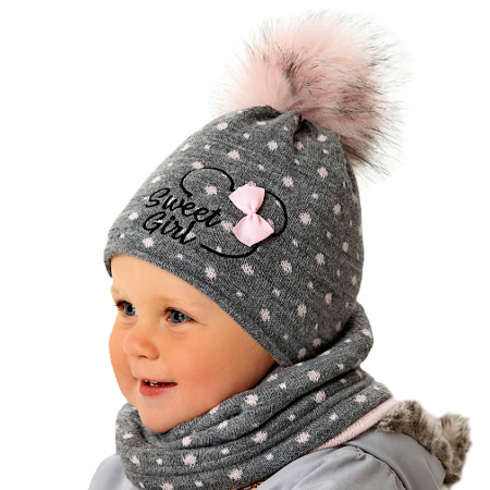 AJS Baby Mädchen Winterset mit Wolle Wintermütze Bommelmütze gefüttert Rundschal