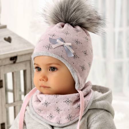 AJS Baby Mädchen Winterset Mütze Wintermütze Bommelmütze gefüttert Halstuch mit Wolle