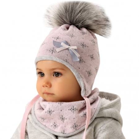 AJS Baby Mädchen Winterset Mütze Wintermütze Bommelmütze gefüttert Halstuch mit Wolle