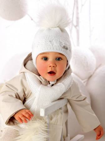 Baby Mädchen Set Mütze Wintermütze Strickmütze Taufmütze mit Bommel Schal
