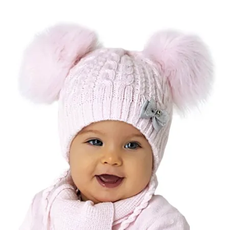 Baby Mädchen Winterset Mütze Wintermütze Wollmütze Strickmütze Bommelmütze Schal mit Wolle rosa