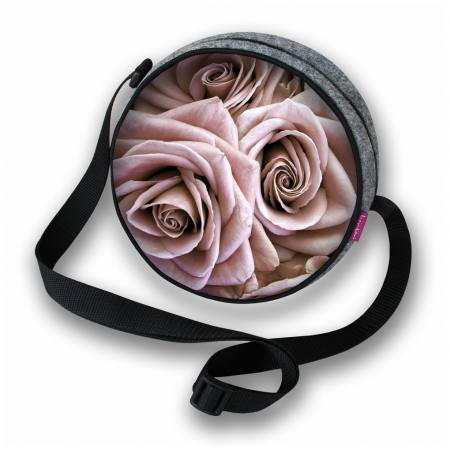 Mädchen Damen Kinder Tasche aus Filz Schultertasche Handytasche Umhängetasche Filztasche Rund mit Rosen Blumen Grau Rosa