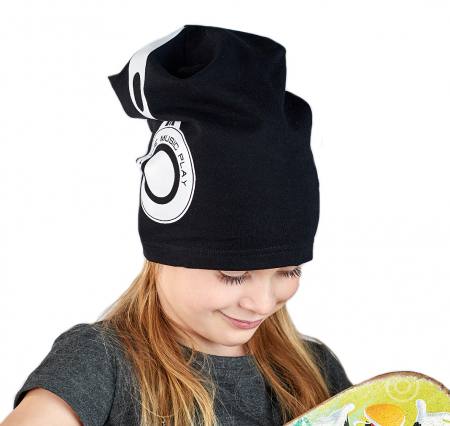 Herbst Frühling Beanie Mütze Baumwollmütze Mädchen Jungen Kopfhörer Aufdruck Schwarz