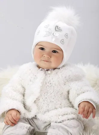 Mädchen Baby Wintermütze Taufmütze gefüttert Mütze Taufe Bommel Schleife Strasssteine Weiß