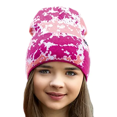 Mädchen Mütze Beanie Wintermütze Wollmütze Skimütze Strickmütze mit Wolle rosa pink bunte Muster ab 5 Jahre bis 10 Jahre