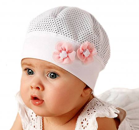 Marika Baby Mädchen Leichte Sommer Mütze Taufe Baumwolle Weiß Rosa