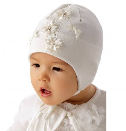 Baby Mädchen Mütze Taufe Festlich Baumwollmütze Taufmütze Blumen Schleife Baumwolle Vanille