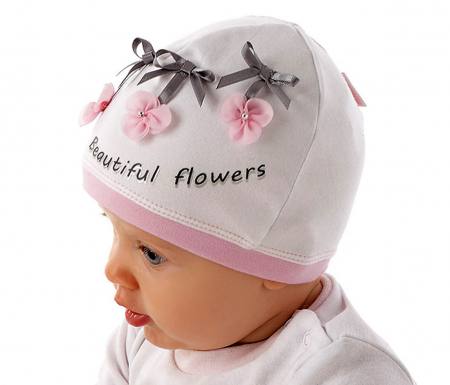 Baby Mädchen Mütze Sommermütze Festlich Taufe Blumen Schleife mit Baumwolle Weiß Rosa