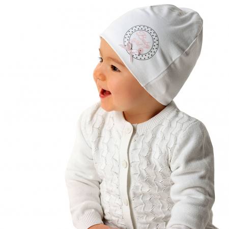 Baby Mädchen Mütze Sommermütze Beanie Taufe festlich Baumwolle Weiß mit Motiv