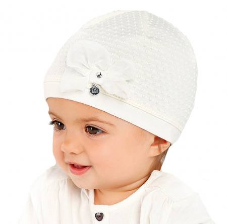 Elegante Baby Mädchen Neugeborenen Mütze Taufe Festlich Schleife Baumwolle Vanille Creme