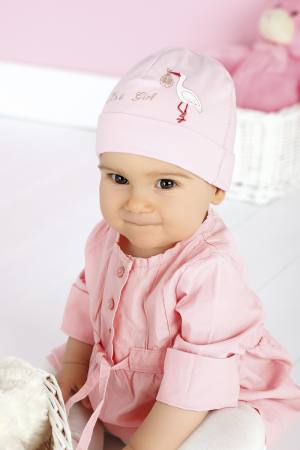 Baby Mädchen Baumwollmütze Neugeborene Mütze Taufe Storch Doppeltgelegt mit Baumwolle hell rosa
