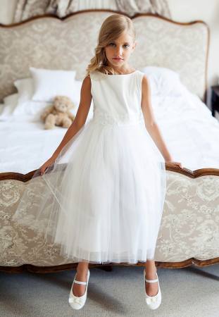 Mädchen Kleid Hochzeit Kommunion Jugendweihe Blumenmädchen Party Tüll Creme Weiß