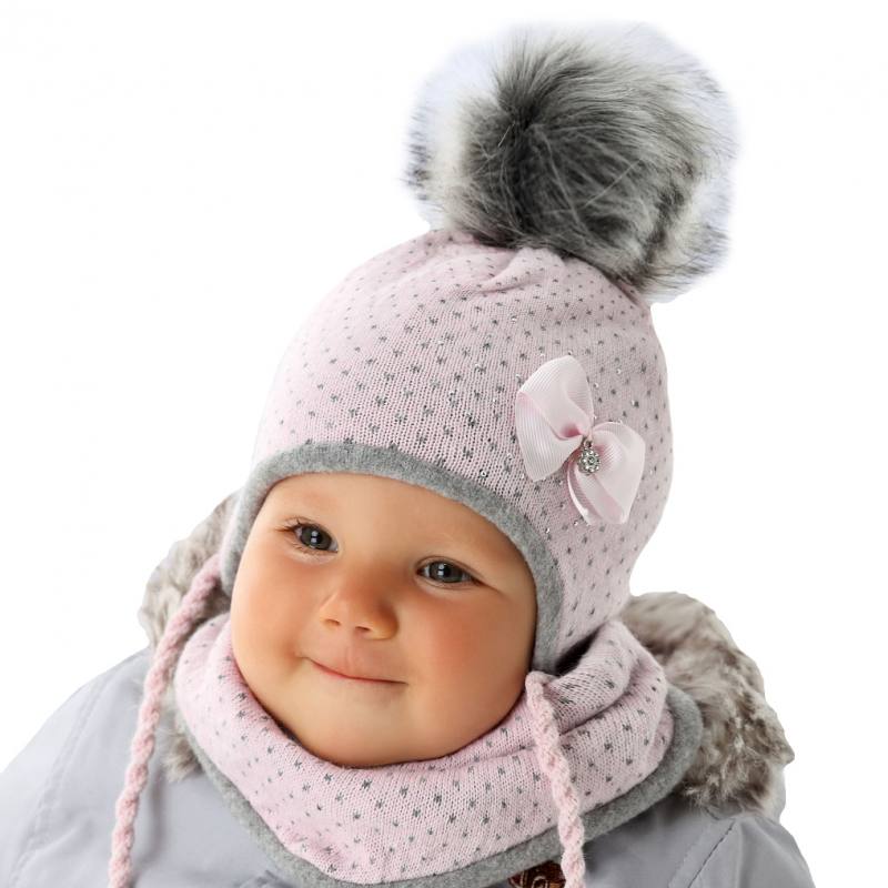 AJS Baby Mädchen Kinder Winterset Mütze Wintermütze Strickmütze Schal mit Wolle 