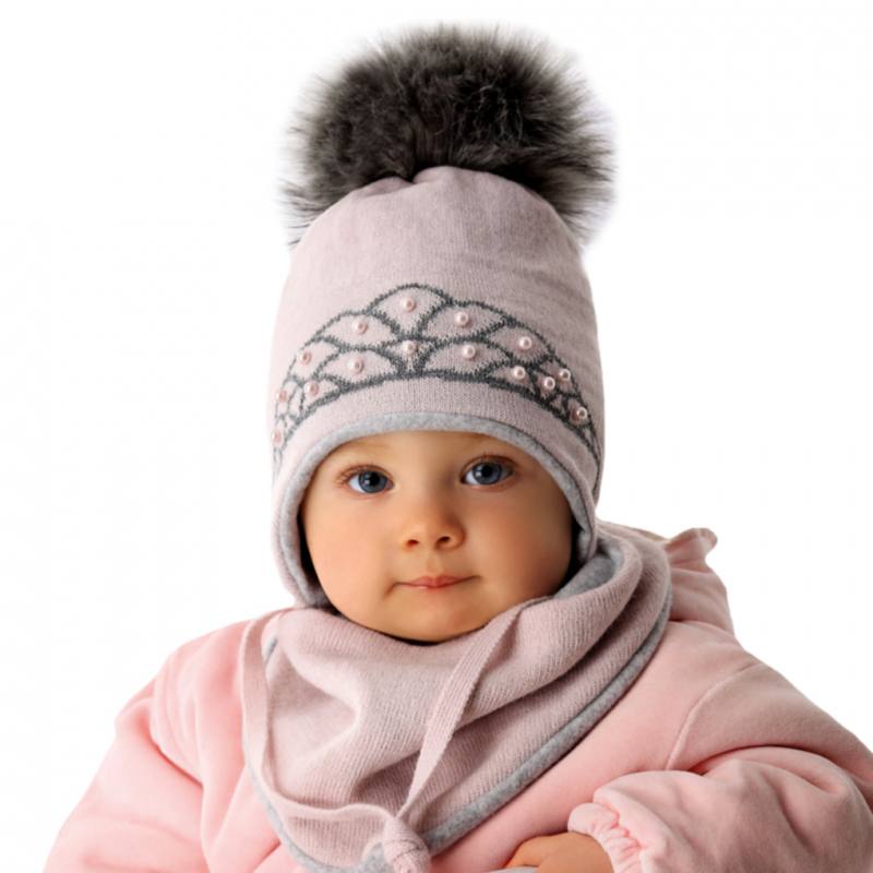 AJS Baby Mädchen Winterset Wintermütze Bommelmütze gefüttert Halstuch mit Wolle 